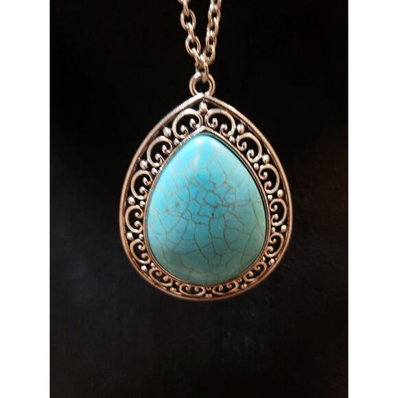 Womens Gold Tone Teardrop Turquoise Filigree Pendant Necklace with Cuff Bracelet - Picture 3 of 9